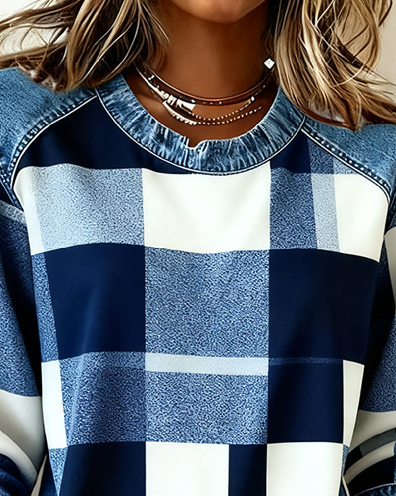 Laluna® | Sweatshirt with Check Patchwork and Contrast Color