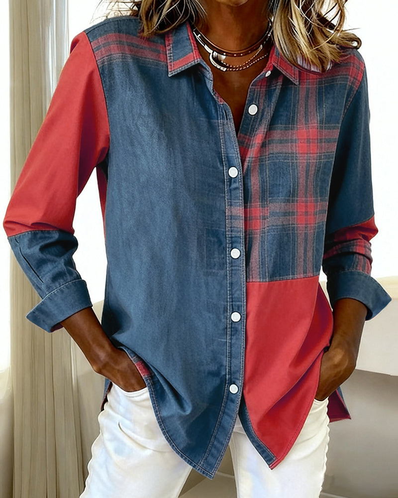 Laluna® | Shirt with Notched Collar and Checked Contrast Design